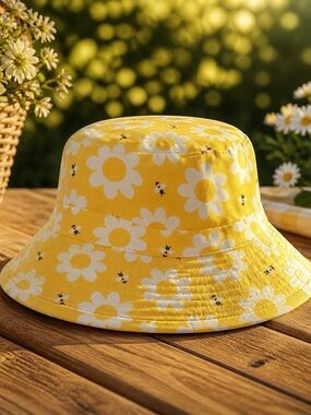 NWT GOGO Yellow Daisy Bucket Hat with White Floral Print